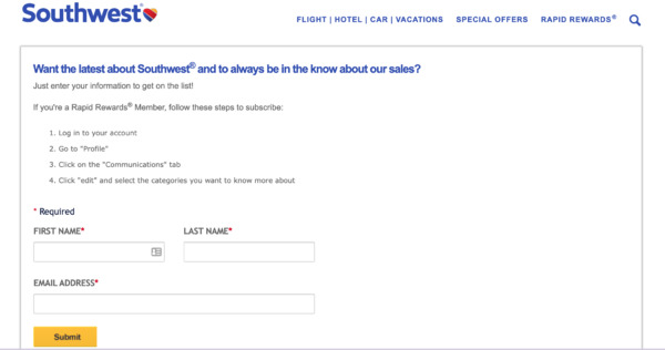 Southwest Rapid Rewards list signup.